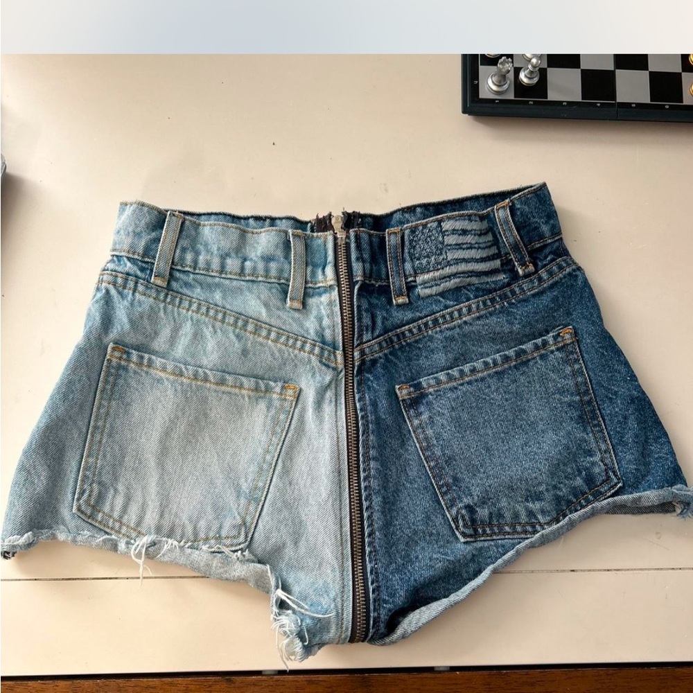REVICE Blue Two-Tone High-Waisted Jean Shorts